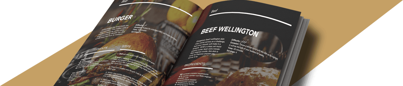 Open Matsato recipe book showing beef wellington and burger recipes